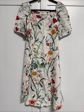 LOFT Cream Floral Puff-Sleeve Dress with Red and Green Accents